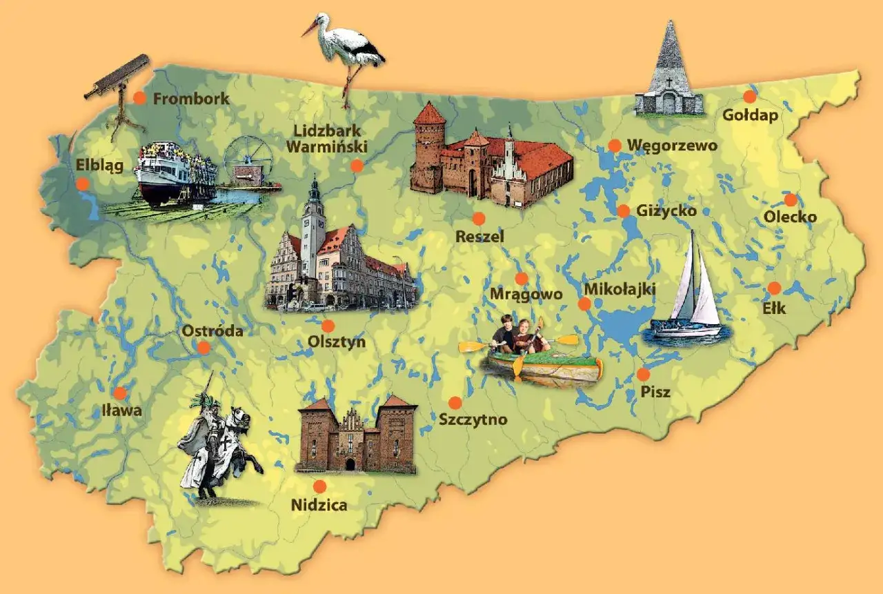 Mapa Mazur z zaznaczonymi miastami Giżycko, Mikołajki, Mrągowo