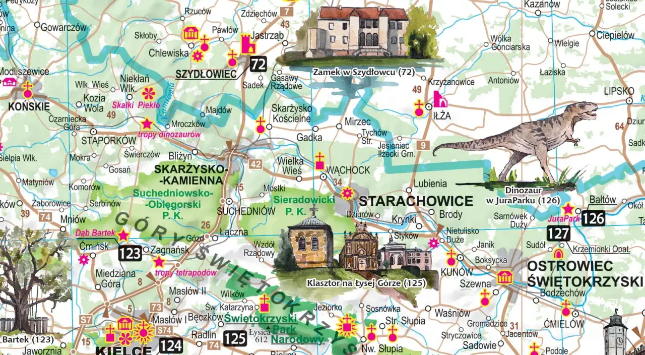 Mapa Polski z zaznaczonymi atrakcjami dla dzieci, rodzina planująca podróż